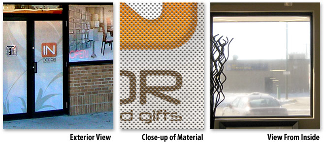 Samples of exterior wall, door, and perforated window vinyl graphics Samples of exterior wall, door, and perforated window vinyl graphics